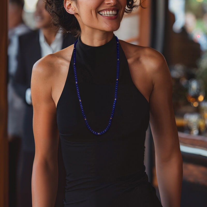 C. 1980 Vintage 6mm Lapis Bead Necklace with 14kt Yellow Gold image number 1