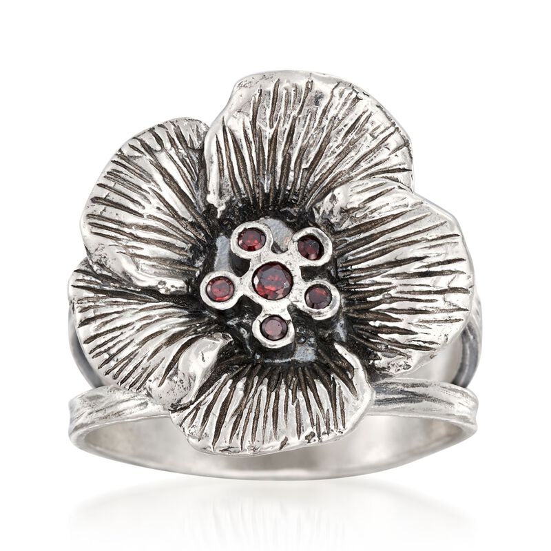 Garnet Accent Flower Ring in Sterling Silver. Size 6 image number 0