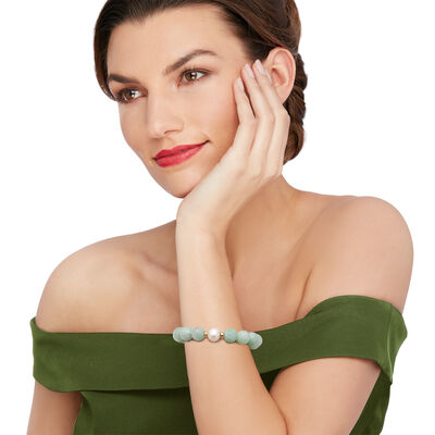 11-12mm Cultured Pearl and 12mm Carved Jade "Dragon" Bead Stretch Bracelet with 14kt Yellow Gold