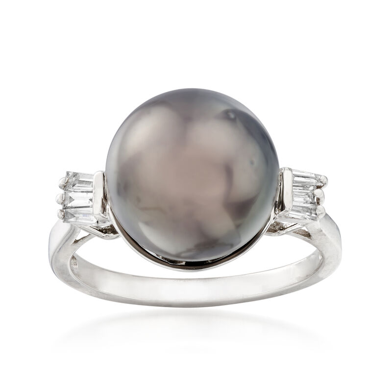 11-11.5mm Cultured Black Tahitian Pearl and .18 ct. t.w. Diamond Ring in 14kt White Gold image number 0