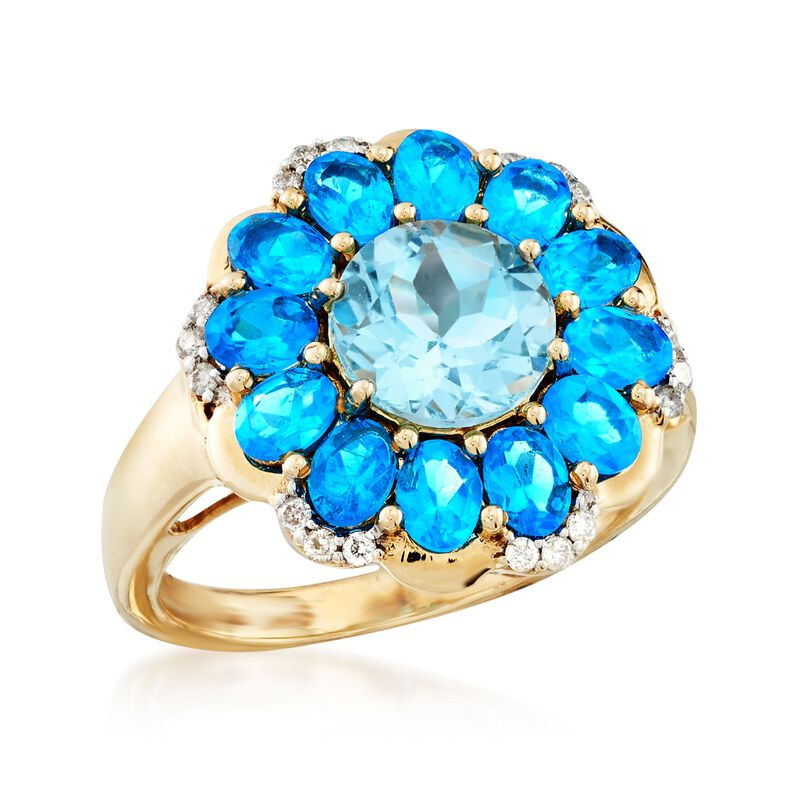 2.30 Carat Sky Blue Topaz and 2.10 ct. t.w. Neon Blue Apatite Ring with Diamonds in 14kt Yellow Gold image number 3