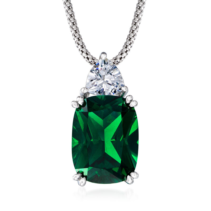 12.70 Carat Simulated Emerald and 1.20 Carat CZ Necklace in Sterling Silver. 18&quot; image number 1