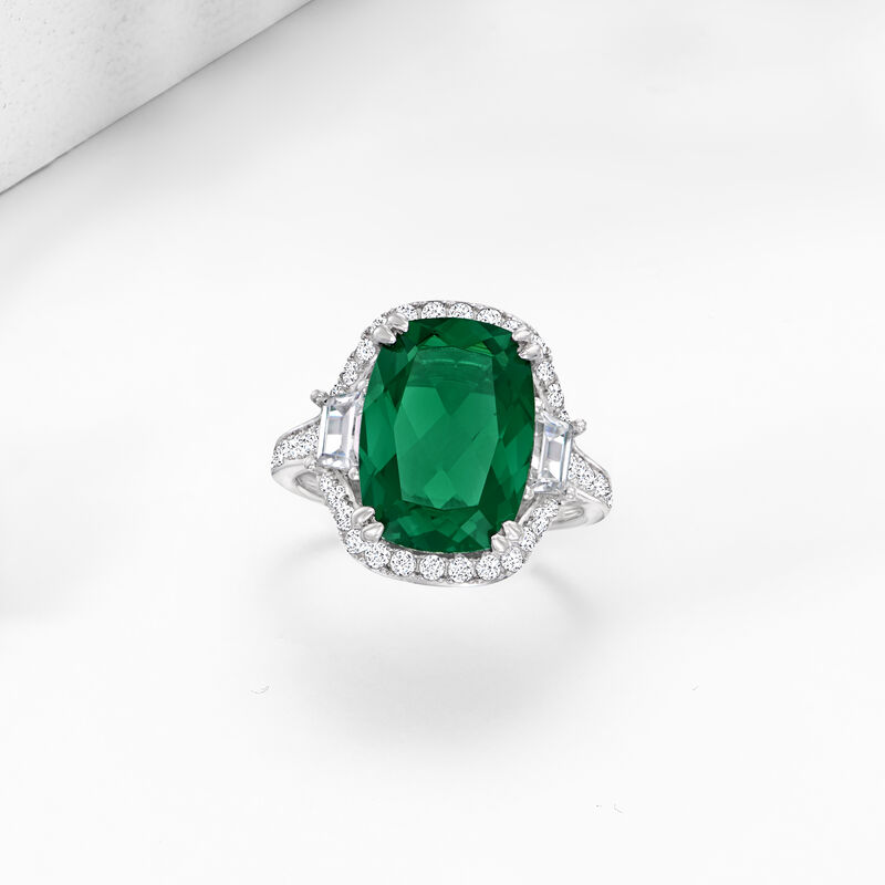6.50 Carat Simulated Emerald Ring with 1.00 ct. t.w. CZs in Sterling Silver image number 3