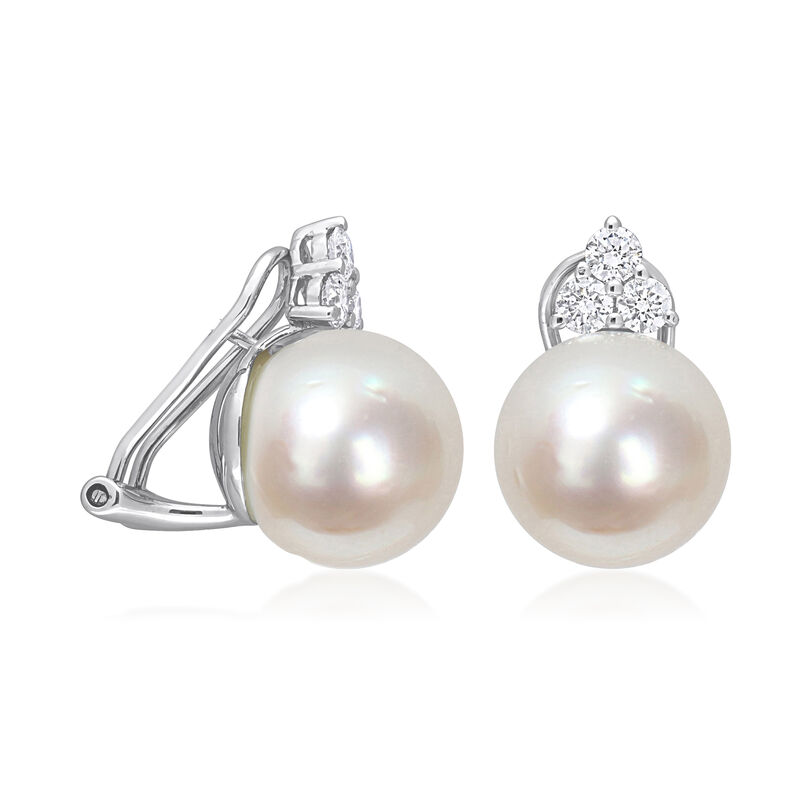 12-12.5mm Cultured South Sea Pearl and .60 ct. t.w. Diamond Trio Earrings in 14kt White Gold image number 1