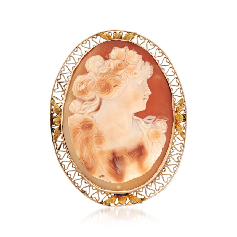 C. 1950 Vintage 44x33mm Shell Cameo Pin in 14kt Yellow Gold image number 0