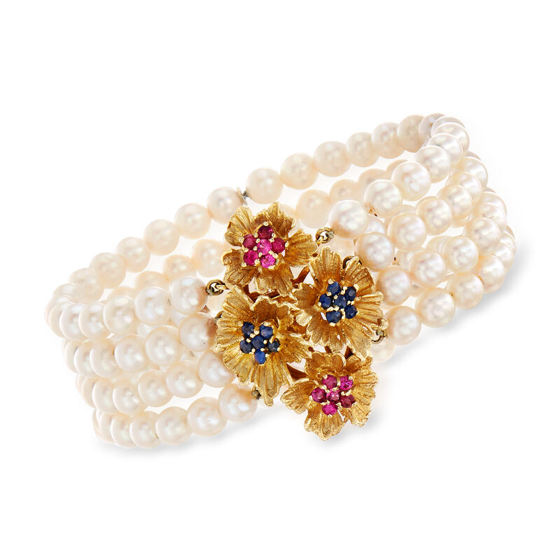 C. 1980 Vintage 5mm Cultured Pearl, .60 ct. t.w. Sapphire and .60 ct. t.w. Ruby Flower Bracelet in 14kt Yellow Gold. 6.75&quot; image number 0