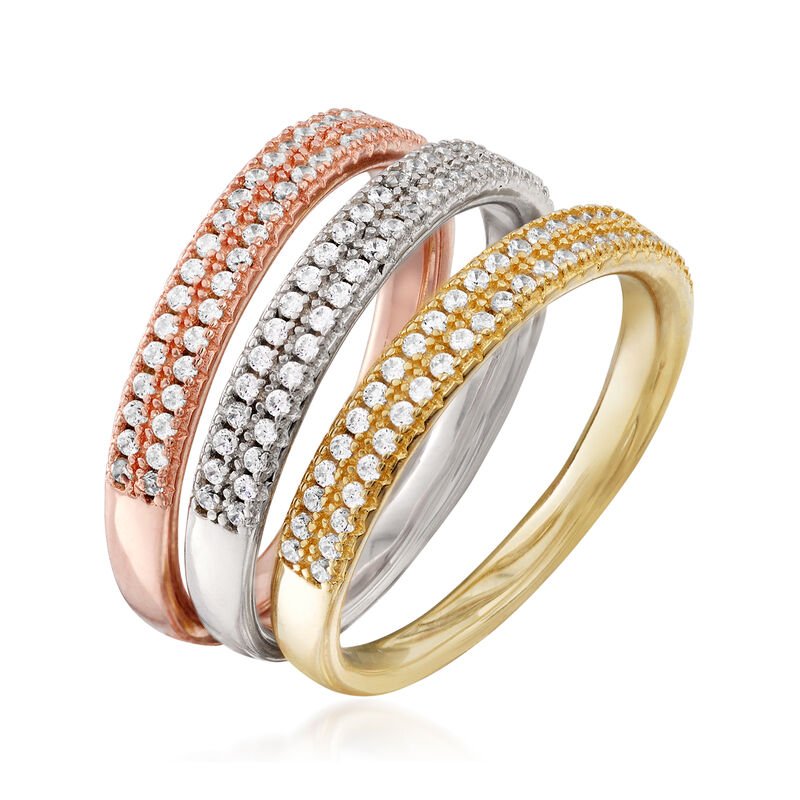 .80 ct. t.w. CZ Jewelry Set: Three Rings in Rose and Yellow 18kt Gold Over Sterling and Sterling Silver image number 2