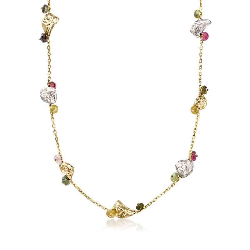 C. 2000 Vintage 28.00 ct. t.w. Multicolored Tourmaline Bead Nugget Necklace in 14kt Two-Tone Gold. 24" image number 0