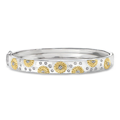 Diamond Sunflower Bangle Bracelet in Two-Tone Sterling Silver