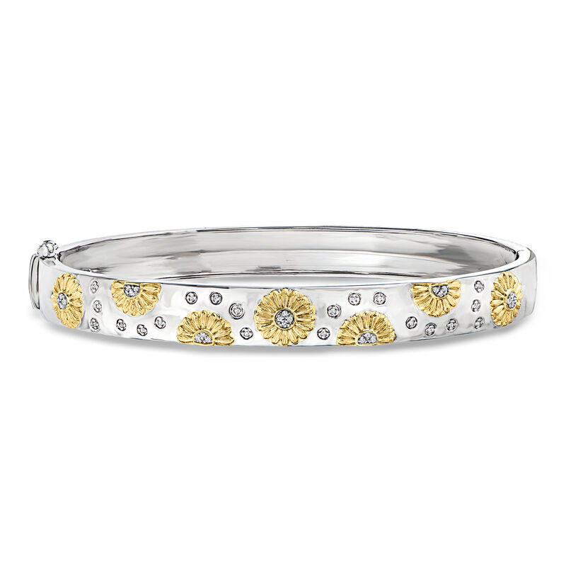 Diamond Sunflower Bangle Bracelet in Two-Tone Sterling Silver image number 0