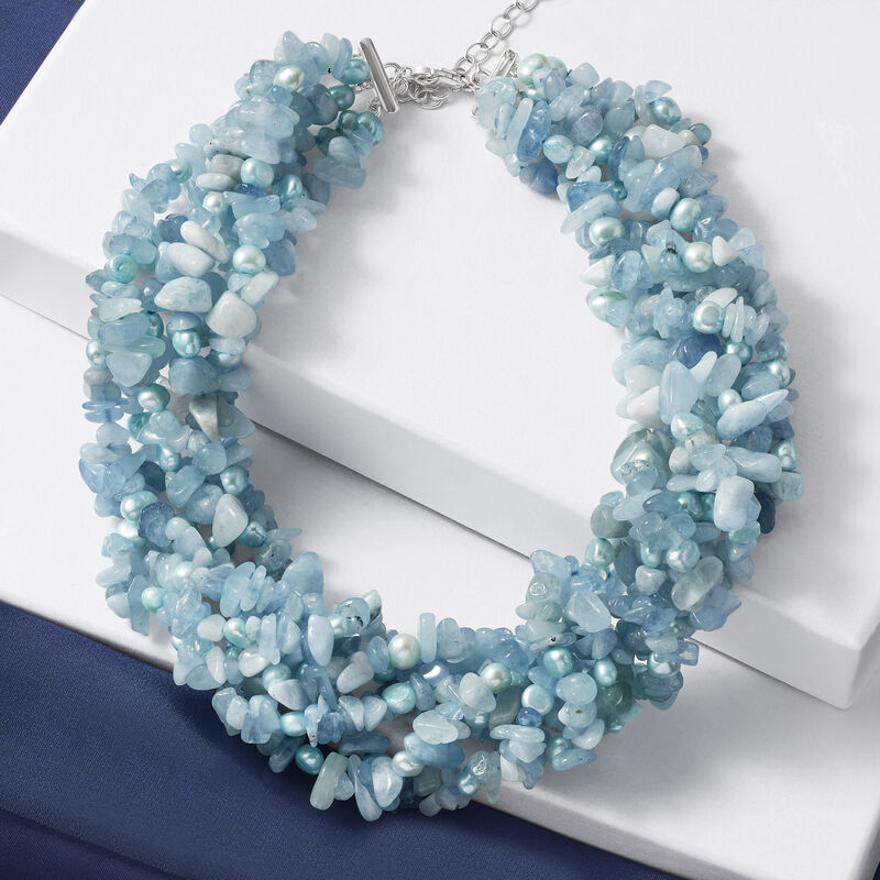 5-6mm Blue Cultured Pearl and 850.00 ct. t.w. Aquamarine Bead Torsade Necklace with Sterling Silver. 18&quot; image number 3
