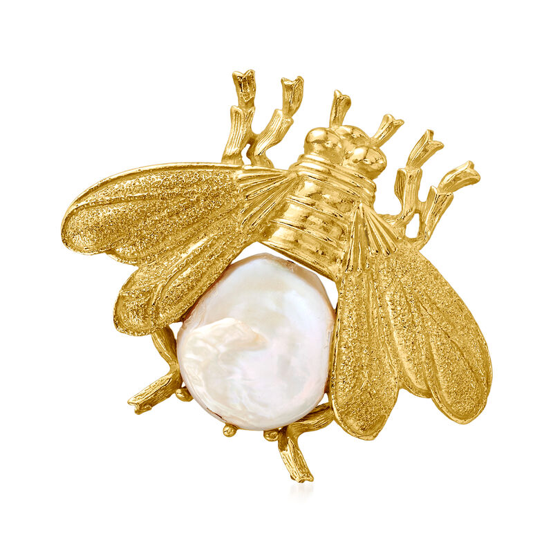 Italian 15mm Cultured Pearl Bee Pin/Pendant in 18kt Gold Over Sterling image number 0