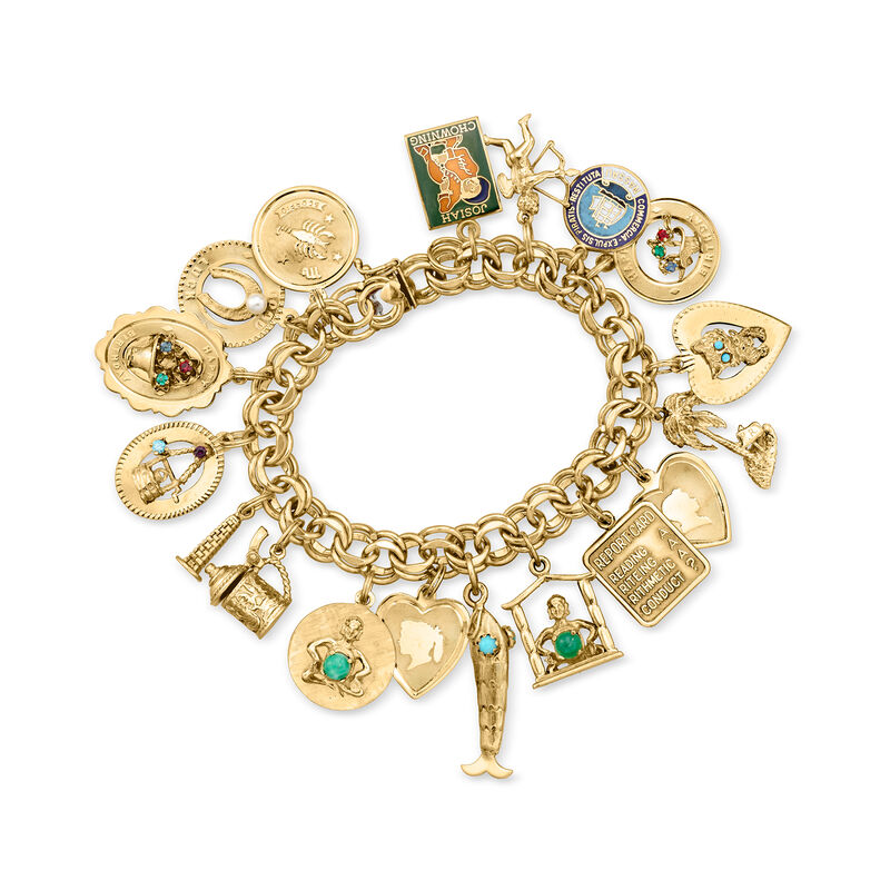 C. 1980 Vintage Multi-Gemstone Charm Bracelet in 14kt Yellow Gold. 7.5" image number 0