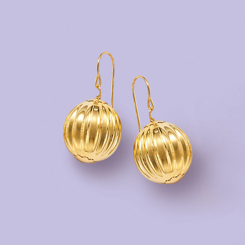 Italian Andiamo 14kt Yellow Gold Over Resin Fluted Ball Drop Earrings  image number 3