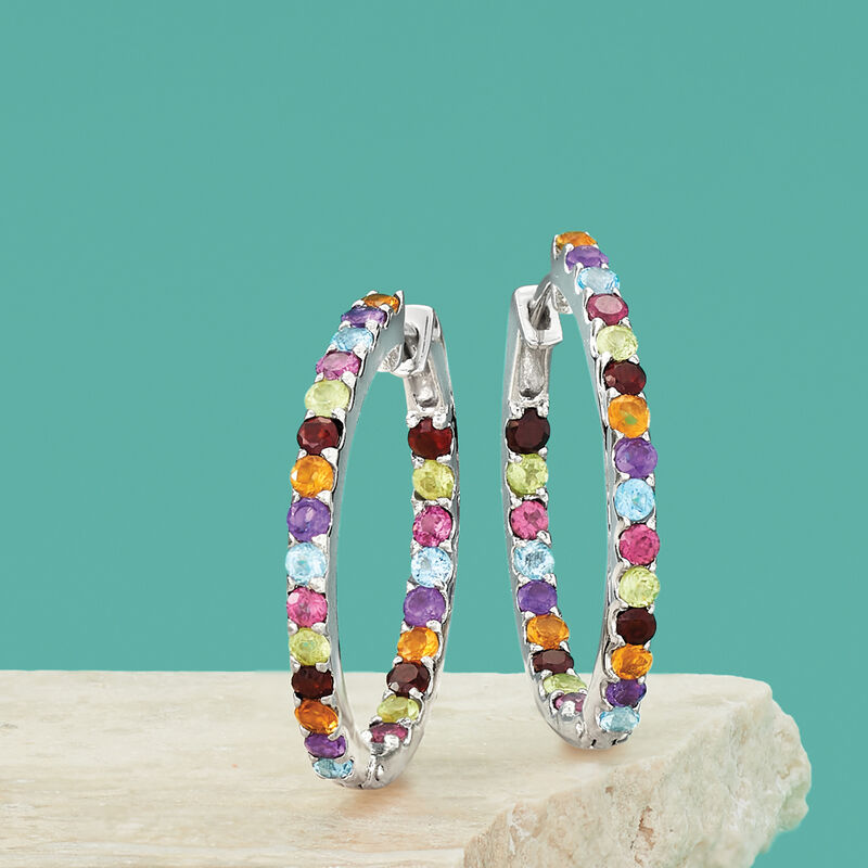 3.20 ct. t.w. Multi-Gemstone Inside-Outside Hoop Earrings in Sterling Silver. 1&quot; image number 2
