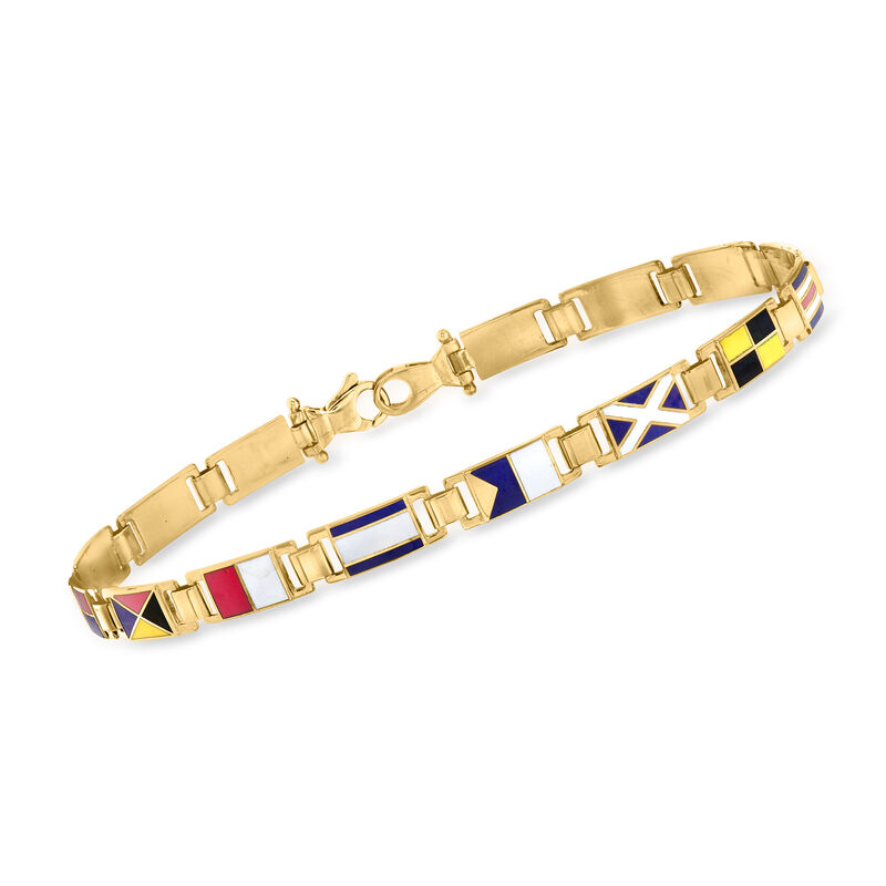 Men's Multicolored Enamel Maritime Flag Bracelet in 14kt Yellow Gold. 8.25&quot; image number 0