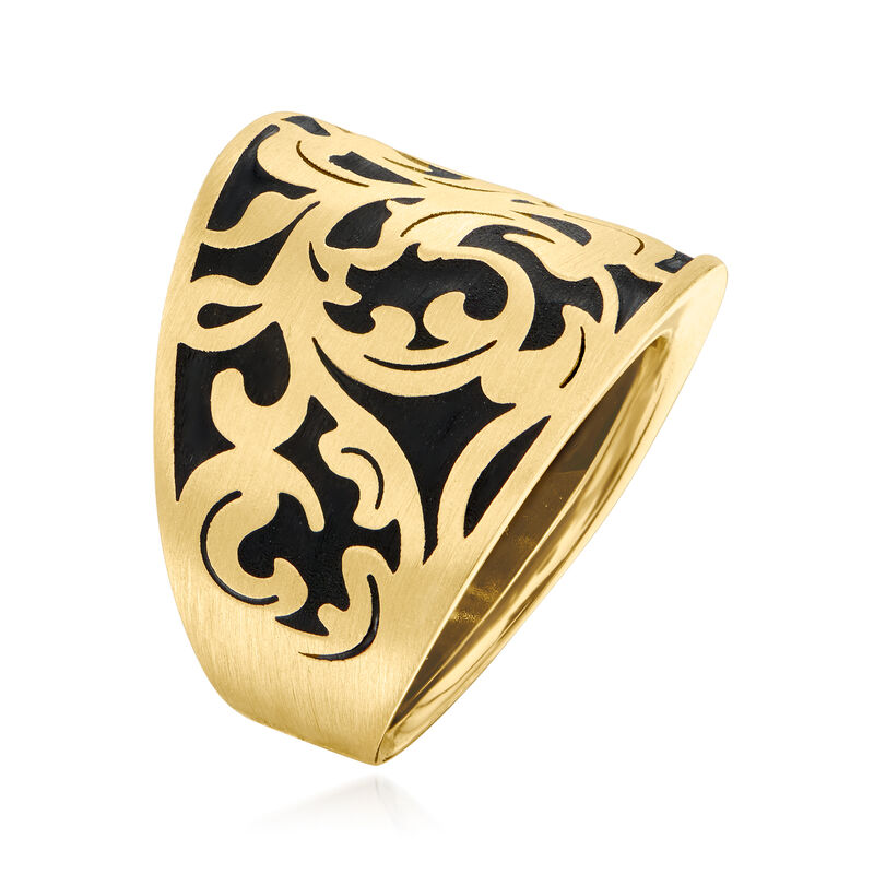 Italian Black Enamel and 14kt Yellow Gold Scrollwork Ring image number 2
