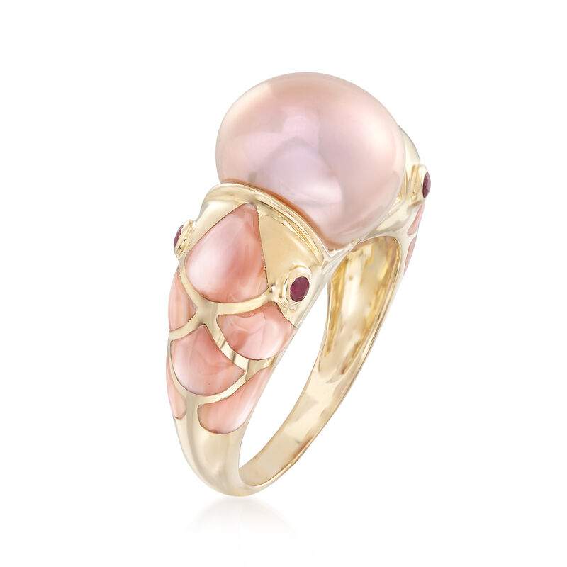 11.5mm Cultured Pearl and Pink Mother-of-Pearl Fish Ring with .20 ct. t.w. Rubies in 14kt Gold image number 2