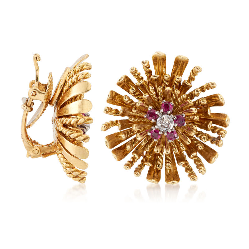 C. 1960 Vintage .30 ct. t.w. Ruby, .25 ct. t.w. Diamond Floral Clip-On Earrings in 18kt Yellow Gold image number 2