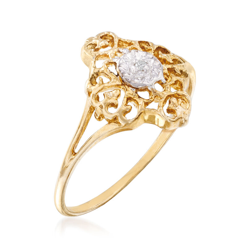 C. 1980 Vintage 10kt Two-Tone Gold Filigree Ring with Diamond Accent. Size 7.75 image number 2