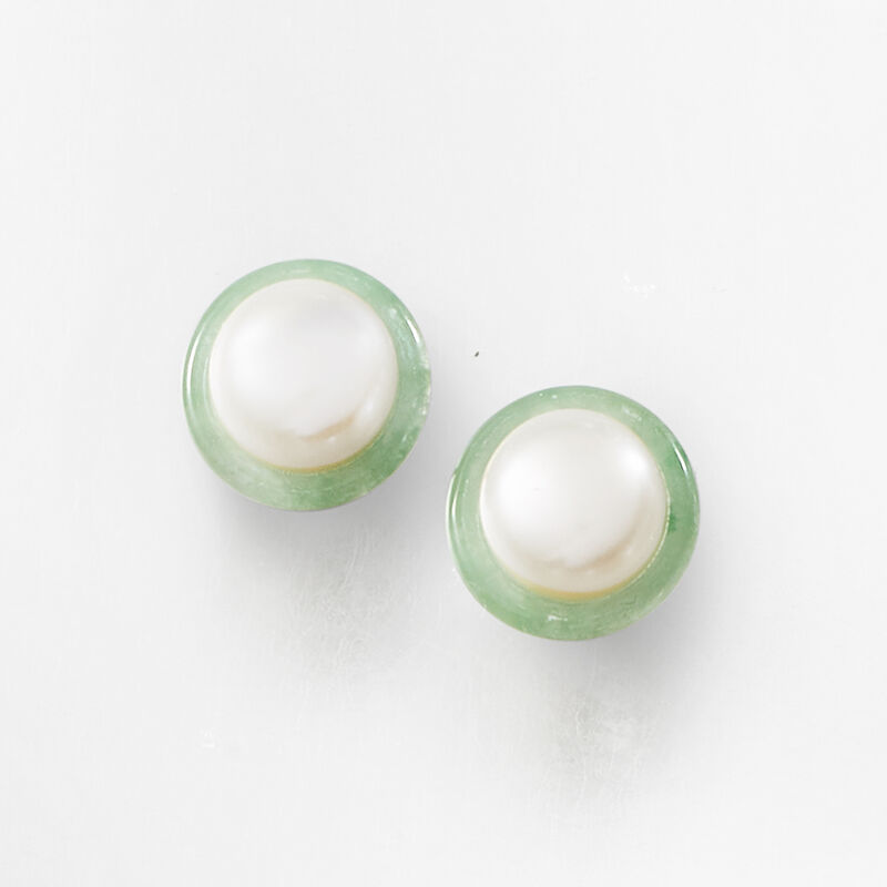 10-10.5mm Cultured Pearl and Jade Earrings in 14kt Yellow Gold  image number 2