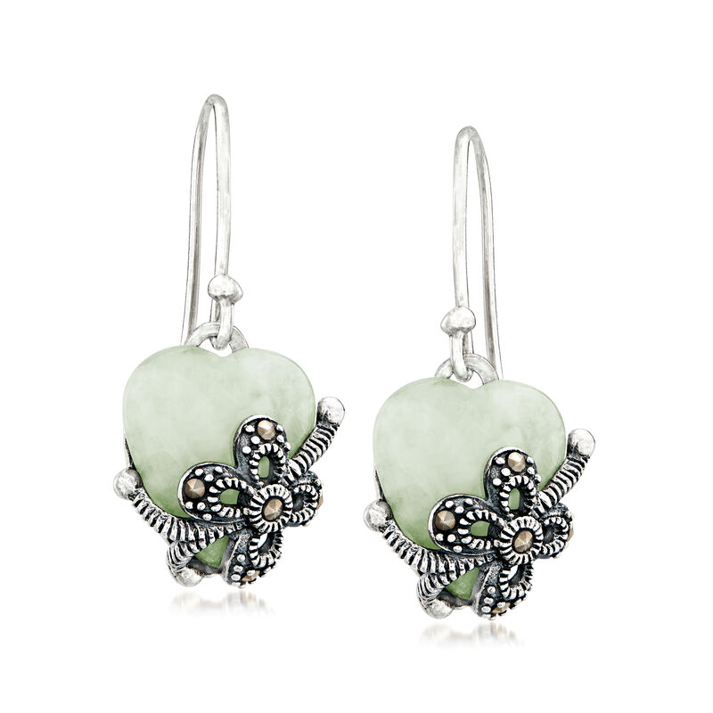 Jade and Marcasite Heart Drop Earrings in Sterling Silver image number 0