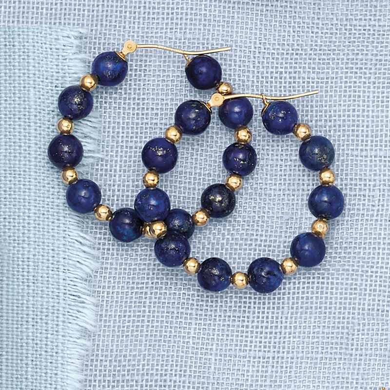 Lapis Bead Hoop Earrings in 14kt Yellow Gold image number 2