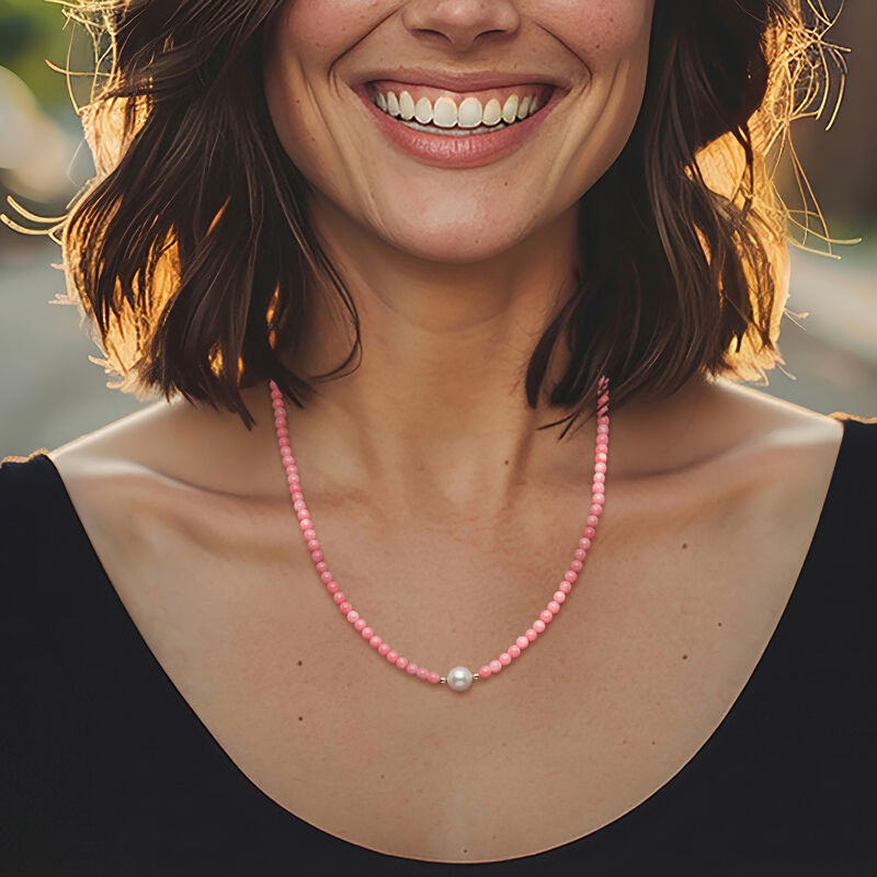 8.5-9mm Cultured Pearl and 4mm Pink Coral Bead Necklace with 18kt Gold Over Sterling. 20" image number 0
