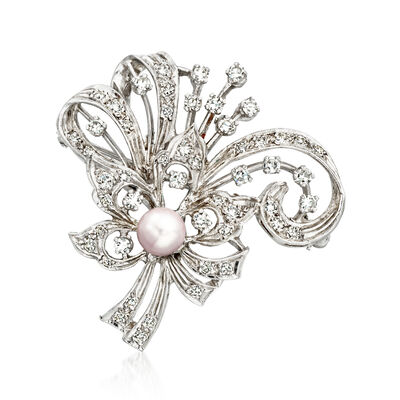C. 1960 Vintage 6mm Cultured Pearl and 1.45 ct. t.w. Diamond Floral Pin/Pendant in 14kt White Gold