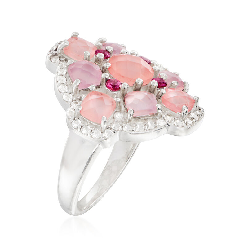 Pink Chalcedony, .50 ct. t.w. White Topaz and .20 ct. t.w. Rhodolite Garnet Ring in Sterling Silver image number 2