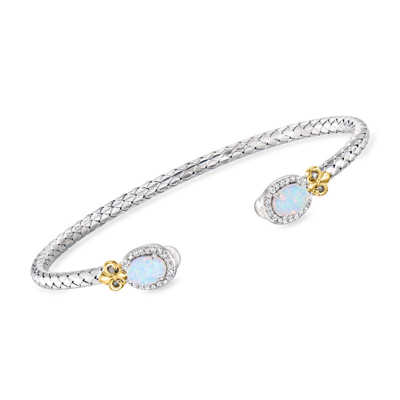 Charles Garnier "L'Opal" Lab-Grown Opal Cuff Bracelet with .20 ct. t.w. CZs in Sterling Silver and 18kt Gold Over Sterling. 7.5" image number 0