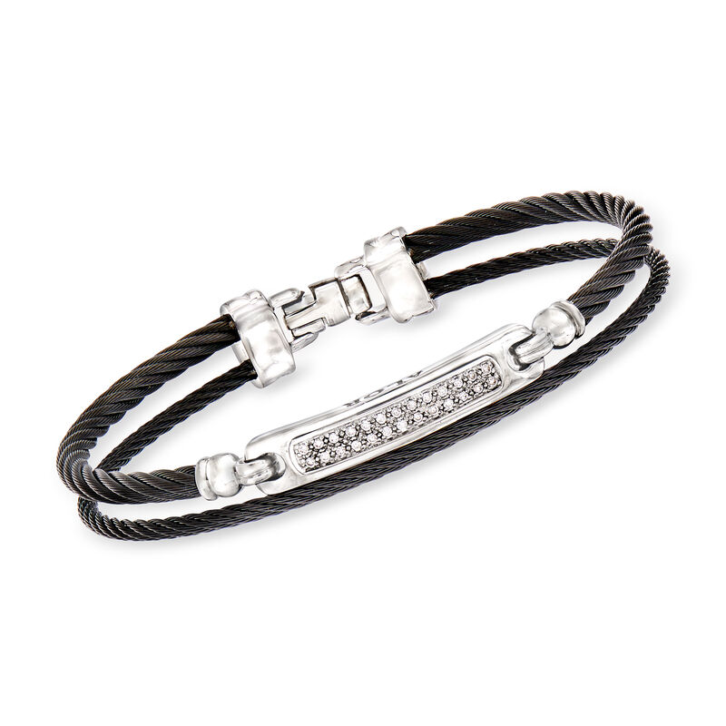 ALOR &quot;Noir&quot; .13 ct. t.w. Diamond Black Stainless Steel Cable Bracelet with 18kt White Gold. 7&quot; image number 0