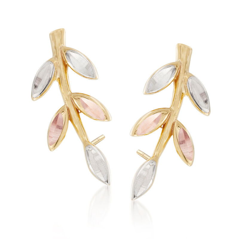 14kt Tri-Colored Gold Leaf Ear Climbers image number 0