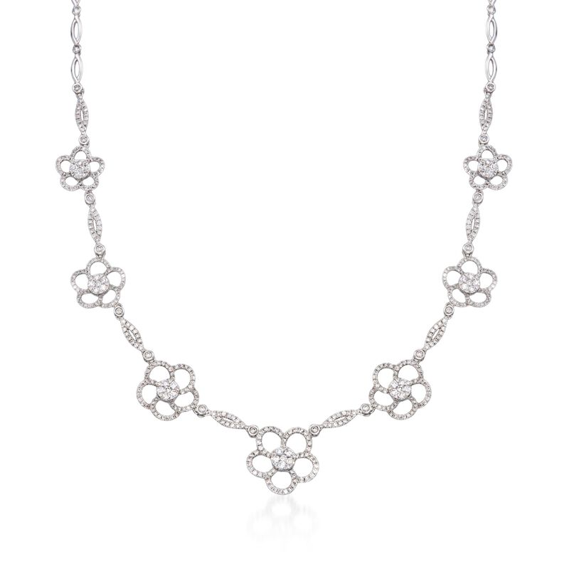 3.60 ct. t.w. Diamond Flower Station Necklace in 14kt White Gold. 17&quot; image number 1