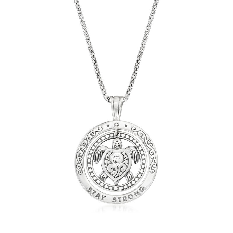 Sterling Silver Bali-Style Turtle &quot;Stay Strong&quot; Pendant Necklace. 18&quot; image number 1