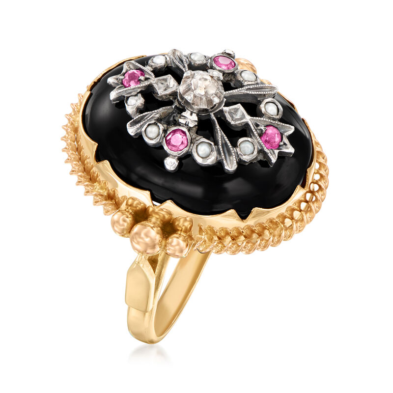 C. 1940 Vintage Black Onyx and .10 ct. t.w. Ruby Cocktail Ring with Seed Pearls and Diamond Accents in 14kt Yellow Gold. Size 7 image number 2
