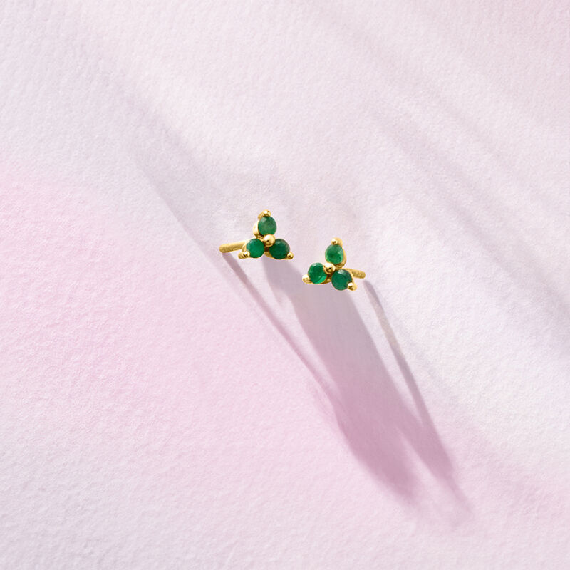 .10 ct. t.w. Emerald Three-Stone Stud Earrings in 14kt Yellow Gold image number 3