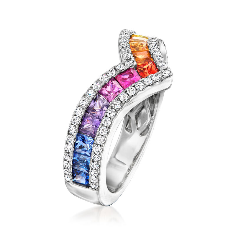1.70 ct. t.w. Multicolored Sapphire and .42 ct. t.w. Diamond Chevron Ring in 14kt White Gold image number 2