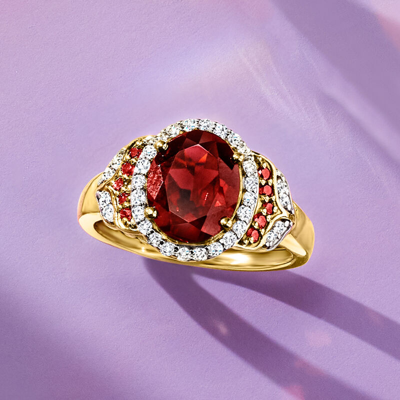 2.90 Carat Garnet and .29 ct. t.w. Red and White Diamond Ring in 18kt Gold Over Sterling image number 3