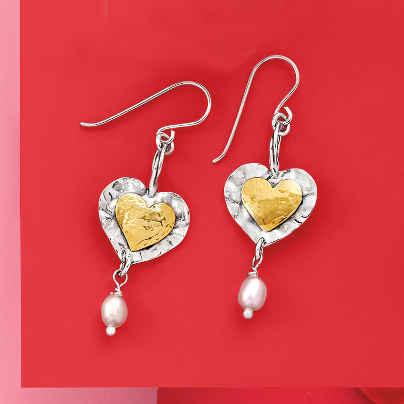 4.5-5mm Cultured Pearl Double-Heart Drop Earrings in Sterling Silver and 14kt Yellow Gold image number 2