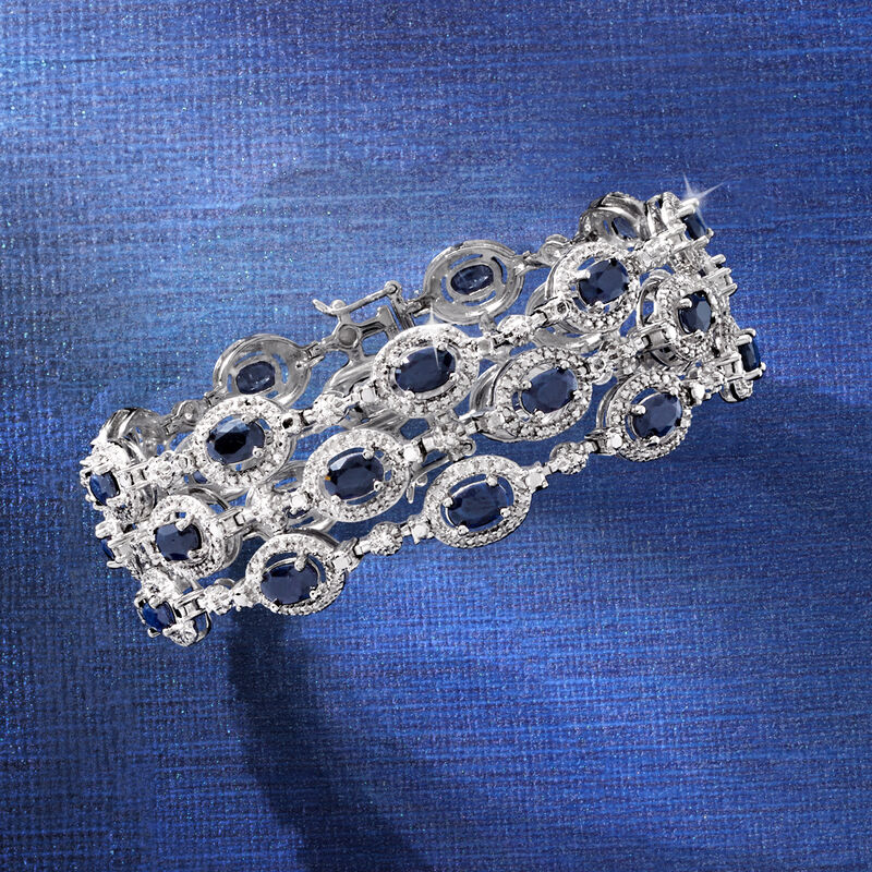 16.00 ct. t.w. Sapphire Three-Row Bracelet with Single Diamond in Sterling Silver image number 4