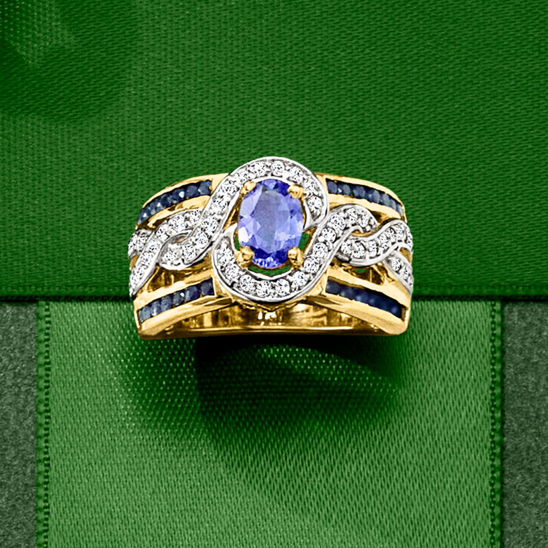 .80 Carat Tanzanite and .60 ct. t.w. Sapphire Ring with .30 ct. t.w. White Zircon in 18kt Gold Over Sterling image number 3