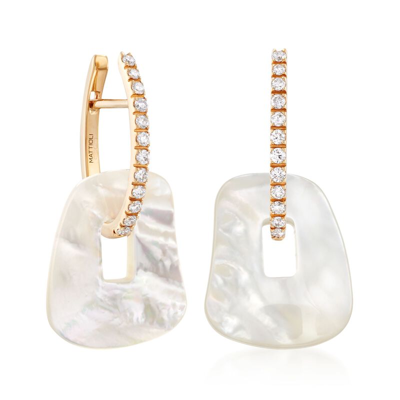 Mattioli &quot;Puzzle&quot; .34 ct. t.w. Diamond Earrings in 18kt Yellow Gold with Three Interchangeable Drops: Black Onyx and Multicolored Mother-Of-Pearl. 7/8&quot; image number 3