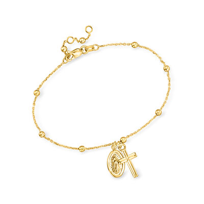 14kt Yellow Gold Virgin Mary and Cross Charm Bracelet