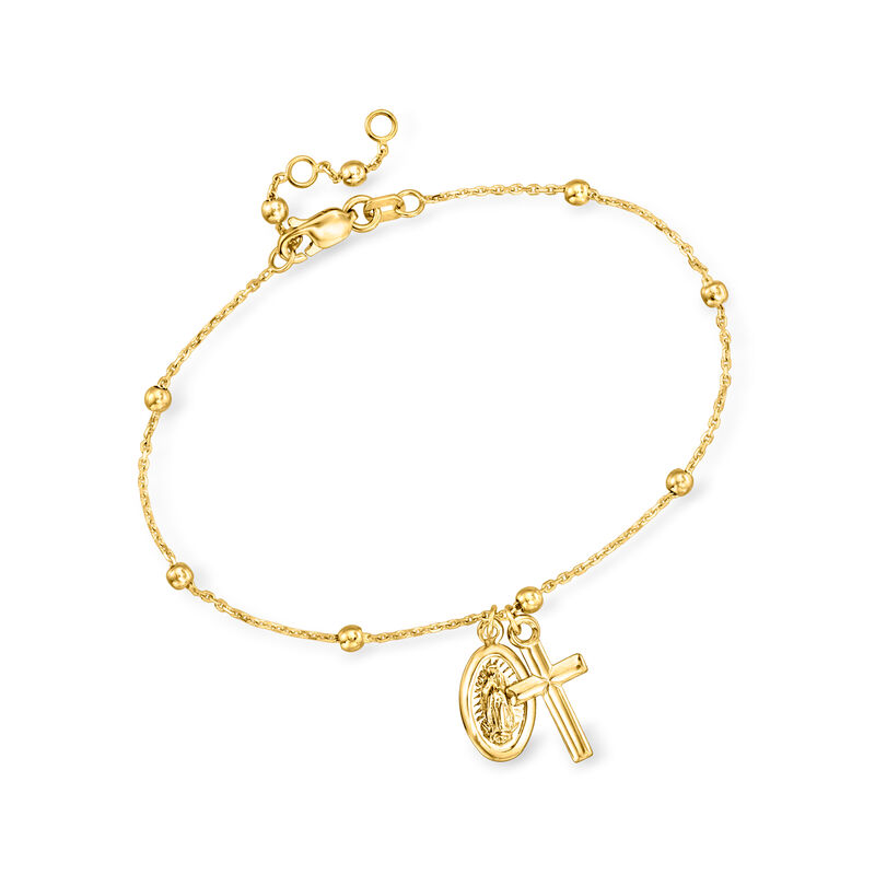 14kt Yellow Gold Virgin Mary and Cross Charm Bracelet. 6&quot; image number 0