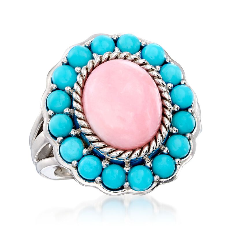 Pink Opal and Sleeping Beauty Turquoise Ring in Sterling Silver image number 3