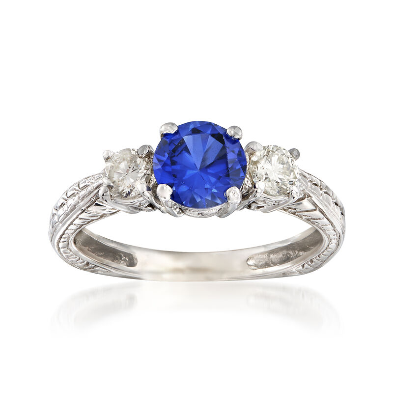 C. 1990 Vintage 1.00 Carat Sapphire and .35 ct. t.w. Diamond Ring in 14kt White Gold. Size 6 image number 0