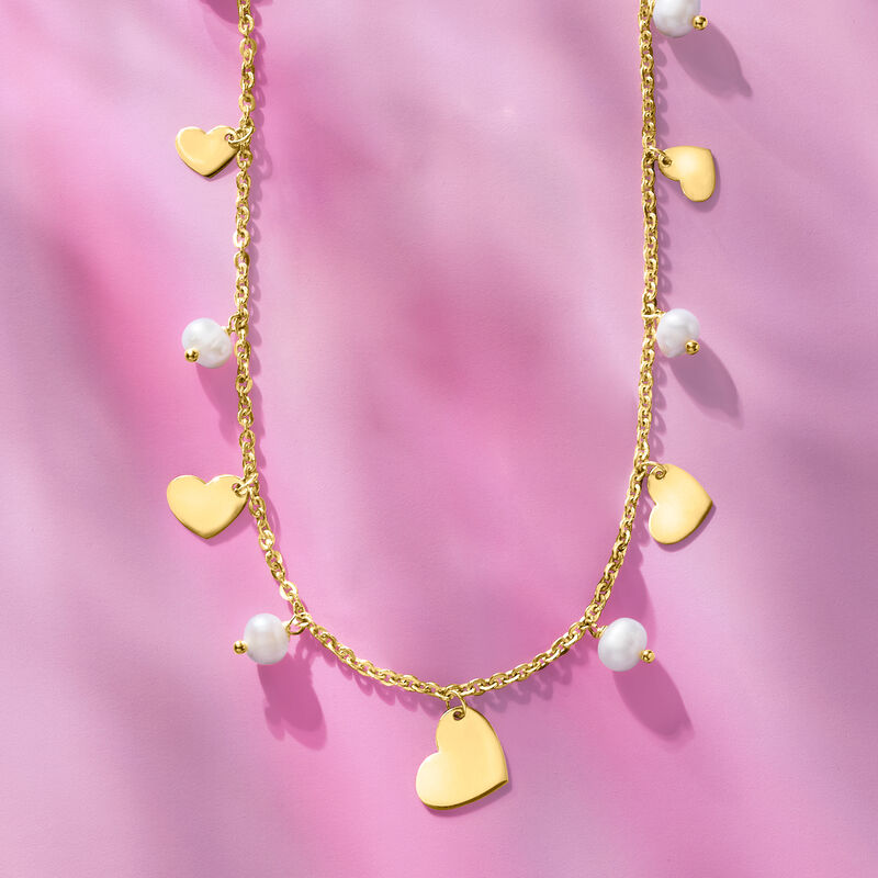 Italian 5-6mm Cultured Pearl and Heart Station Necklace in 18kt Gold Over Sterling. 18&quot; image number 2