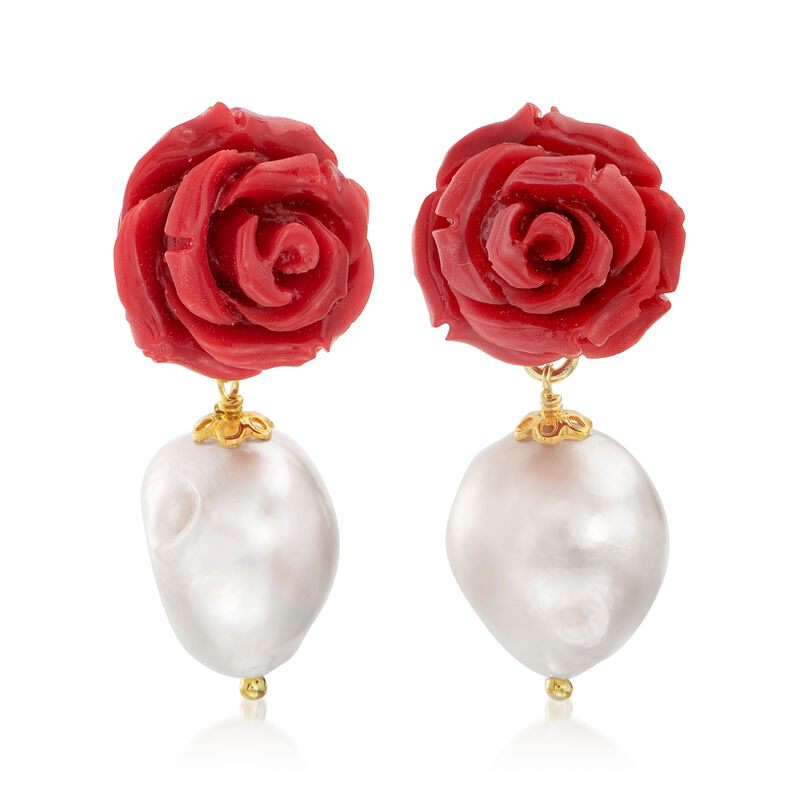 Italian Simulated Red Coral and 12-14mm Cultured Pearl Rose Drop Earrings with 18kt Gold Over Sterling image number 2