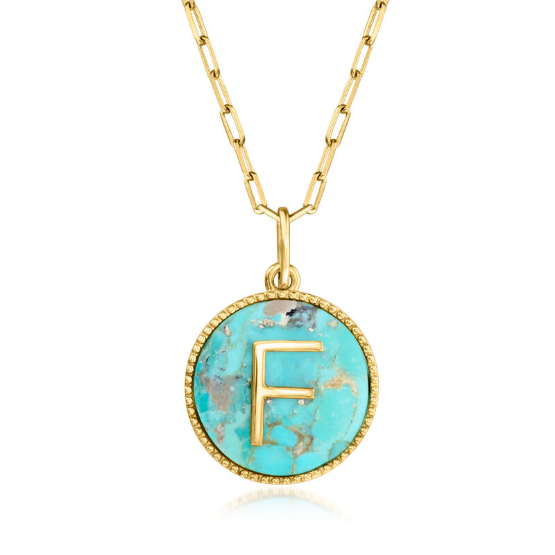 F - Turquoise Initial Pendant Necklace in 18kt Gold Over Sterling. 18"   image number 0